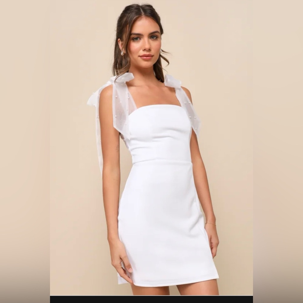 Lulu’s beaming perfection white pearl organza tie strap mini dress